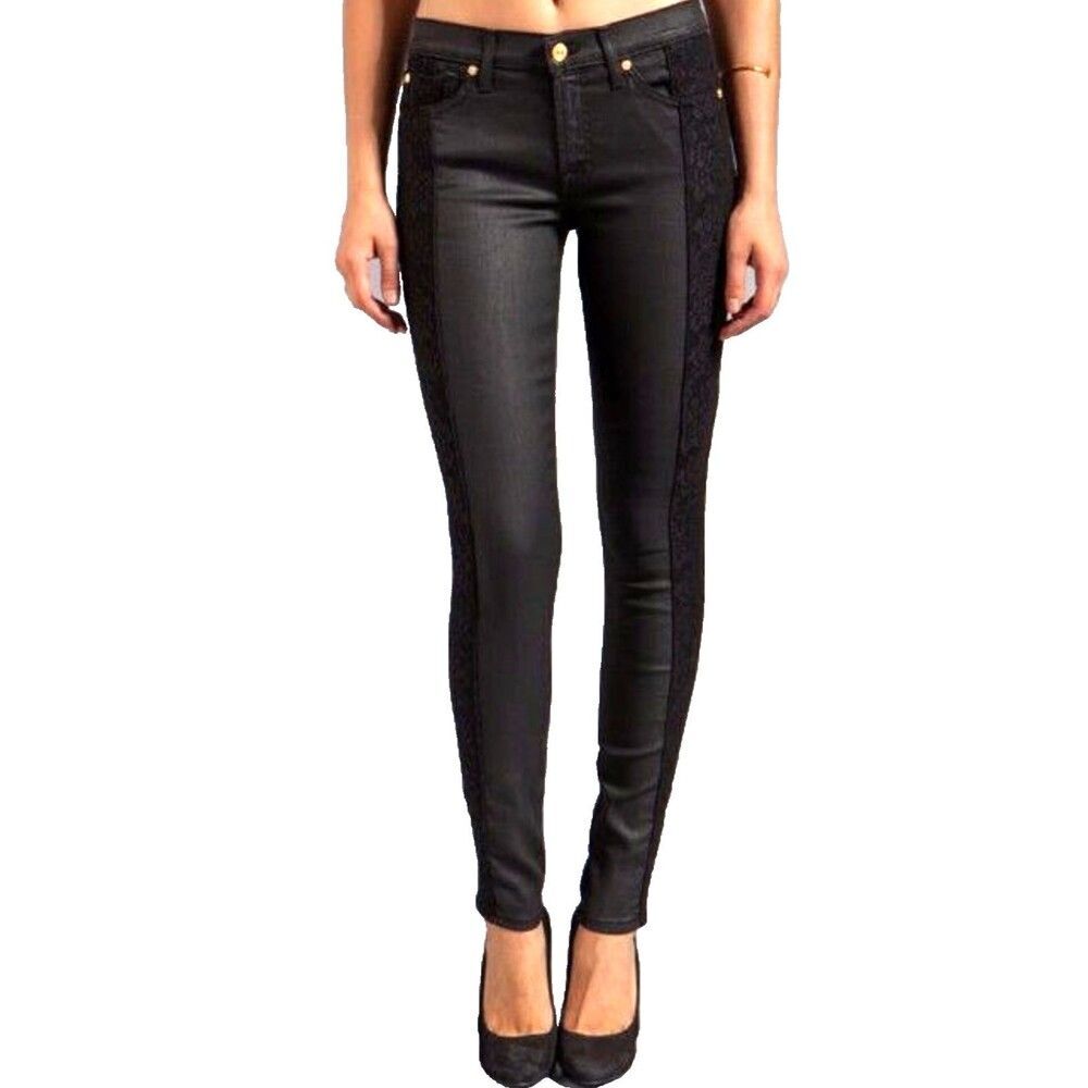 7 For All Mankind Womens Black Coated Skinny Jeans Second Skin Lace Ankle 28